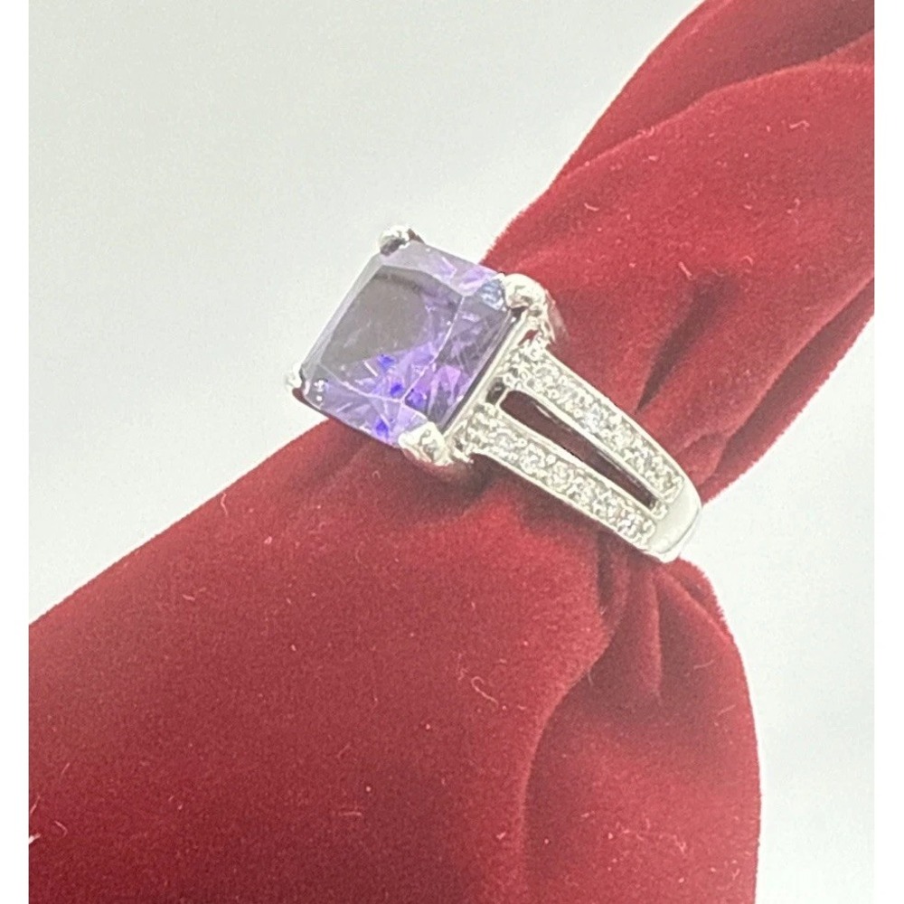 Estate 925 Sterling Silver Amethyst Ring Sz 8 Split Shank Setting Diamond Accent - Picture 2 of 11